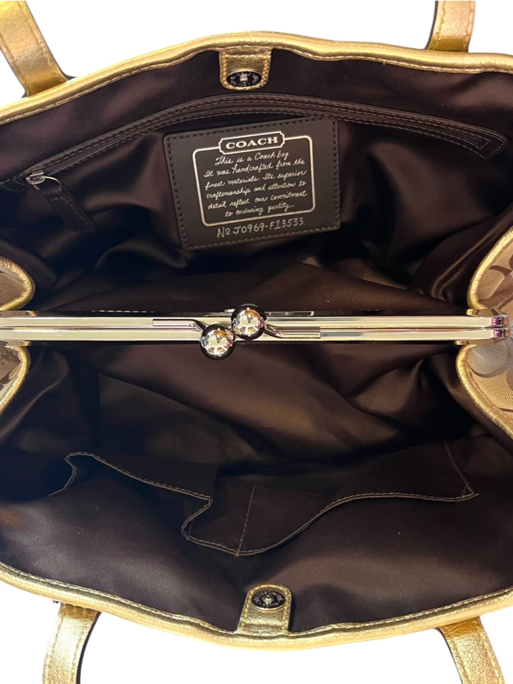 Coach Khaki Gold Y2K Vintage Kisslock Signature Stripe Framed Carryall Tote Bag - Picture 13 of 15